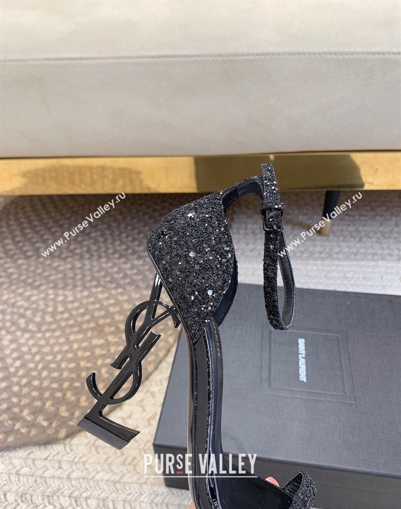 Saint Laurent Opyum Glitters Sandals 10.5cm with YSL Heel All Black 2024 (MD-240328033)