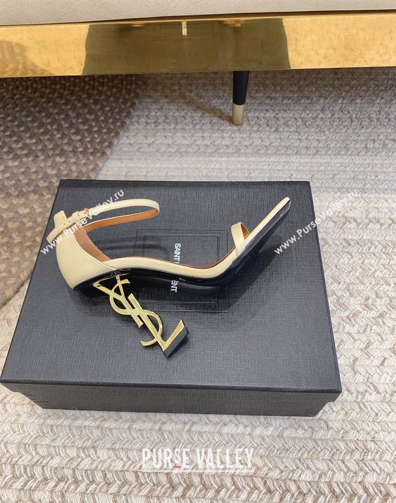 Saint Laurent Opyum Calfskin Leather Sandals 10.5cm with YSL Heel White/Gold 2024 (MD-240328026)