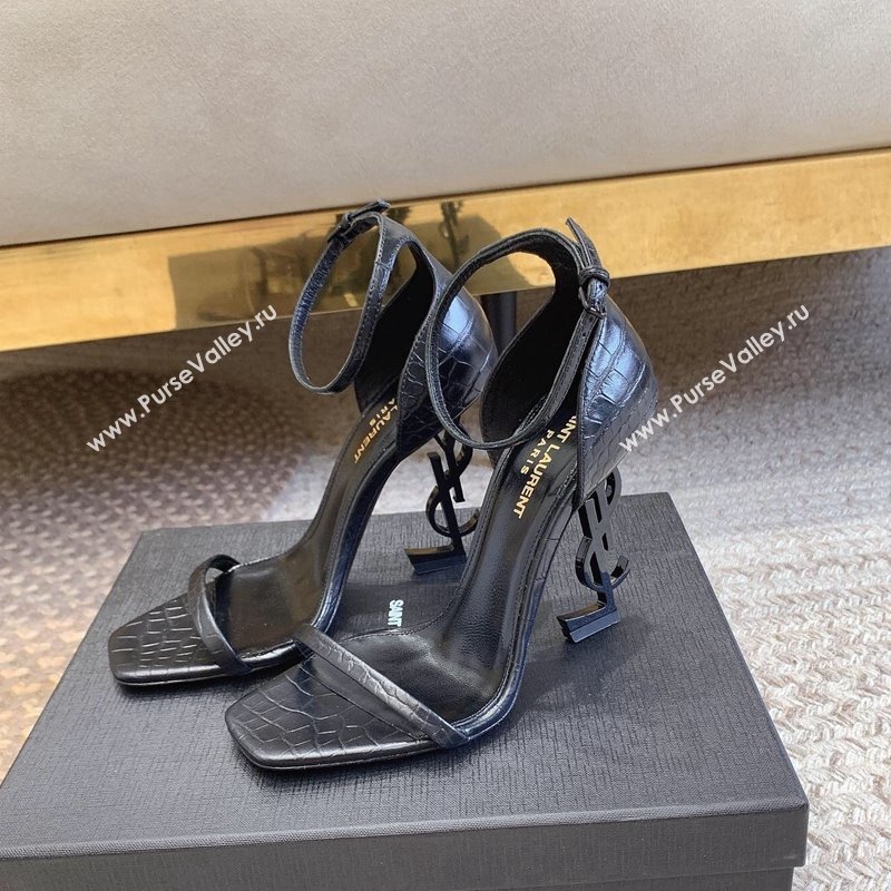 Saint Laurent Opyum Embossed Calfskin Sandals 10.5cm with YSL Heel All Black 2024 (MD-240328034)