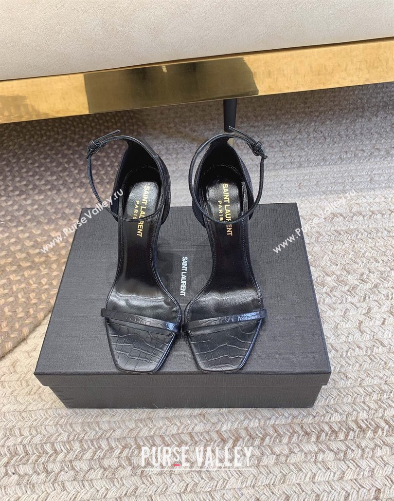 Saint Laurent Opyum Embossed Calfskin Sandals 10.5cm with YSL Heel All Black 2024 (MD-240328034)