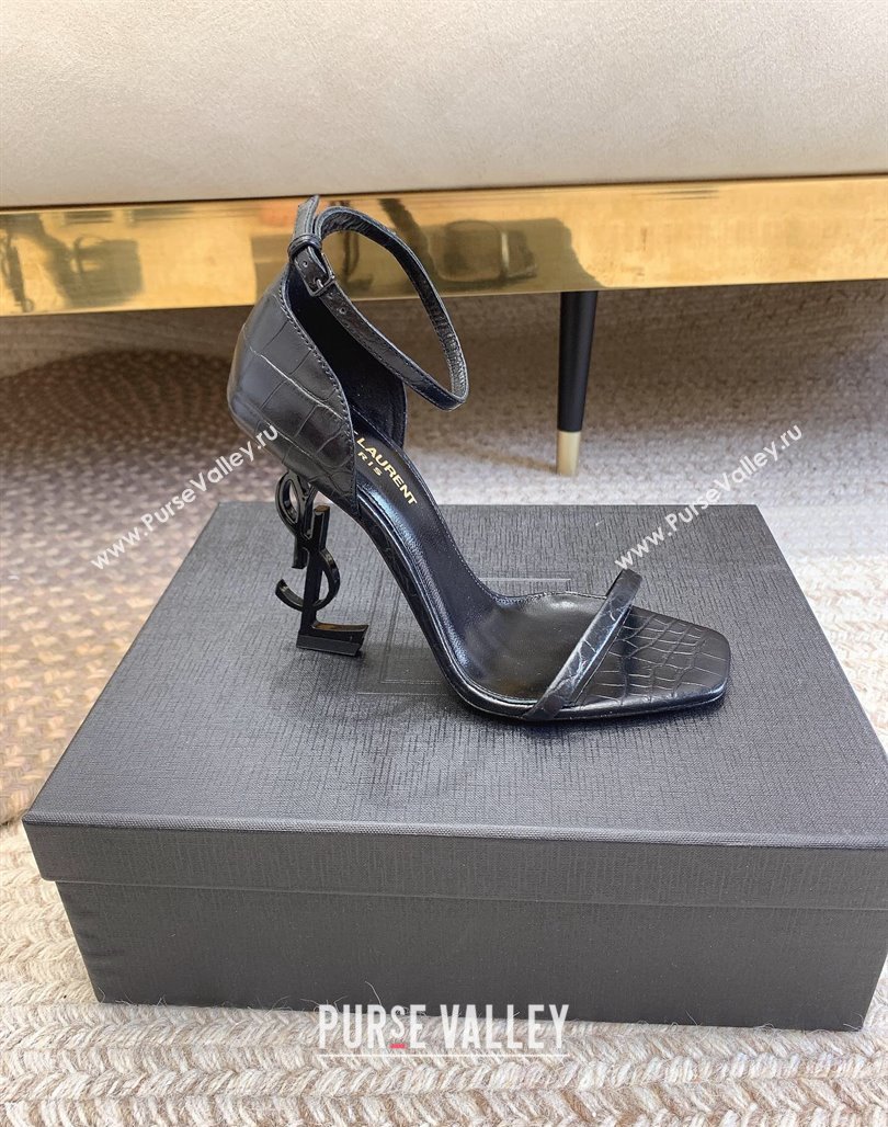 Saint Laurent Opyum Embossed Calfskin Sandals 10.5cm with YSL Heel All Black 2024 (MD-240328034)