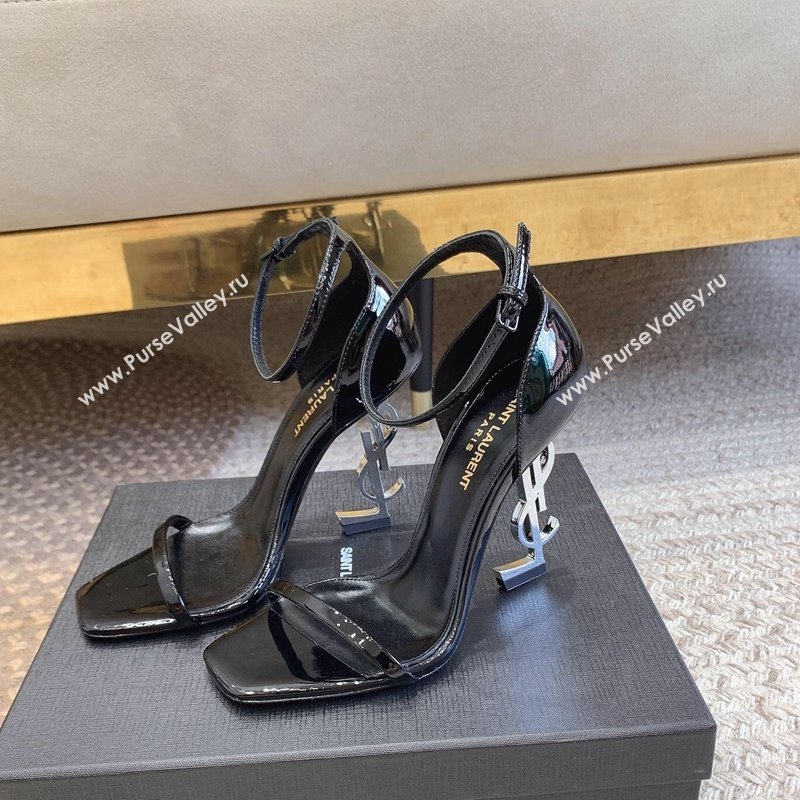 Saint Laurent Opyum Patent Calfskin Sandals 10.5cm with YSL Heel Black/Silver 2024 (MD-240328035)