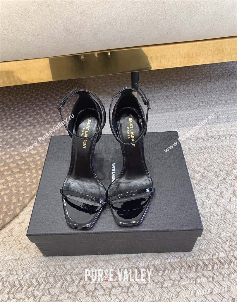 Saint Laurent Opyum Patent Calfskin Sandals 10.5cm with YSL Heel Black/Silver 2024 (MD-240328035)