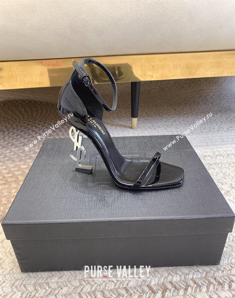 Saint Laurent Opyum Patent Calfskin Sandals 10.5cm with YSL Heel Black/Silver 2024 (MD-240328035)