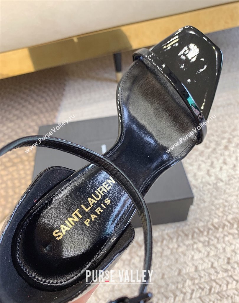 Saint Laurent Opyum Patent Calfskin Sandals 10.5cm with YSL Heel Black/Silver 2024 (MD-240328035)