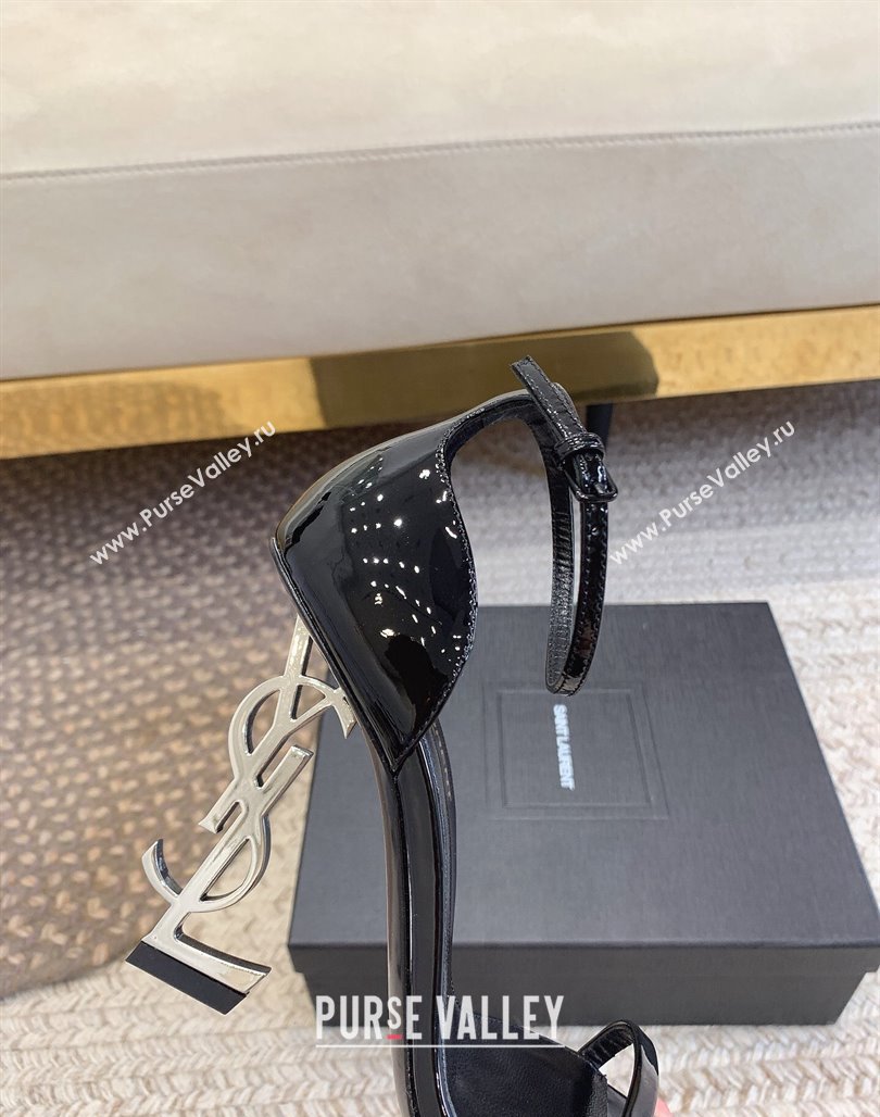 Saint Laurent Opyum Patent Calfskin Sandals 10.5cm with YSL Heel Black/Silver 2024 (MD-240328035)