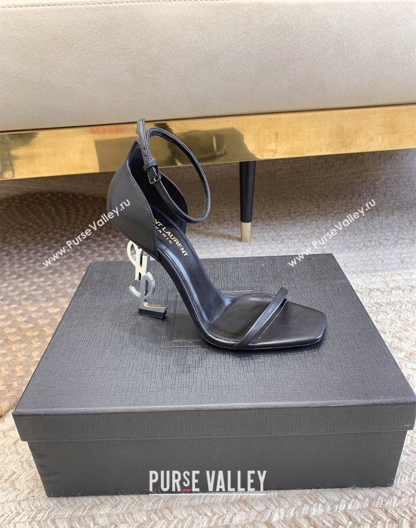 Saint Laurent Opyum Calfskin Leather Sandals 10.5cm with YSL Heel Black/Silver 2024 (MD-240328036)