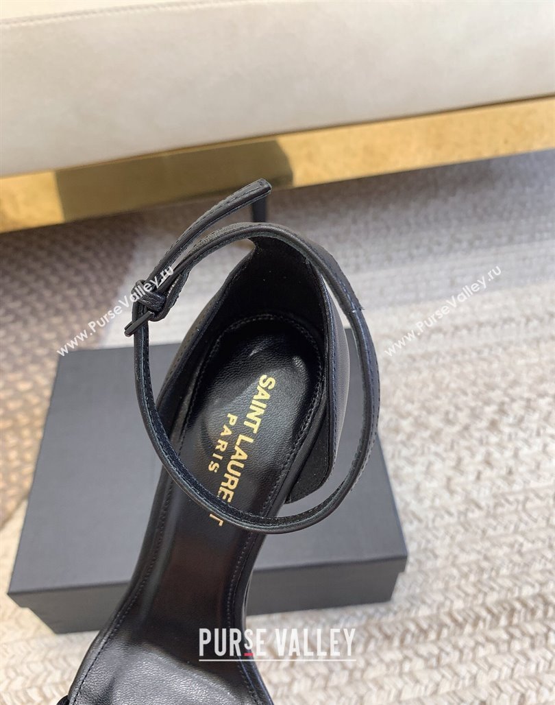 Saint Laurent Opyum Calfskin Leather Sandals 10.5cm with YSL Heel Black/Silver 2024 (MD-240328036)