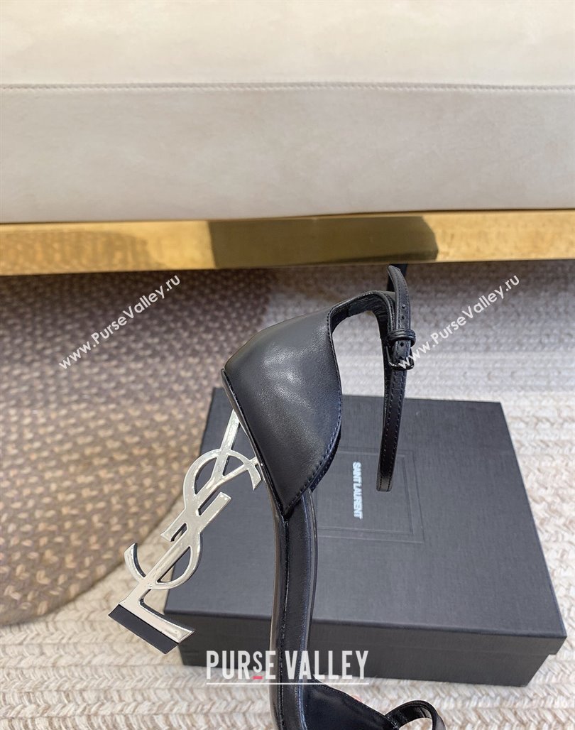 Saint Laurent Opyum Calfskin Leather Sandals 10.5cm with YSL Heel Black/Silver 2024 (MD-240328036)