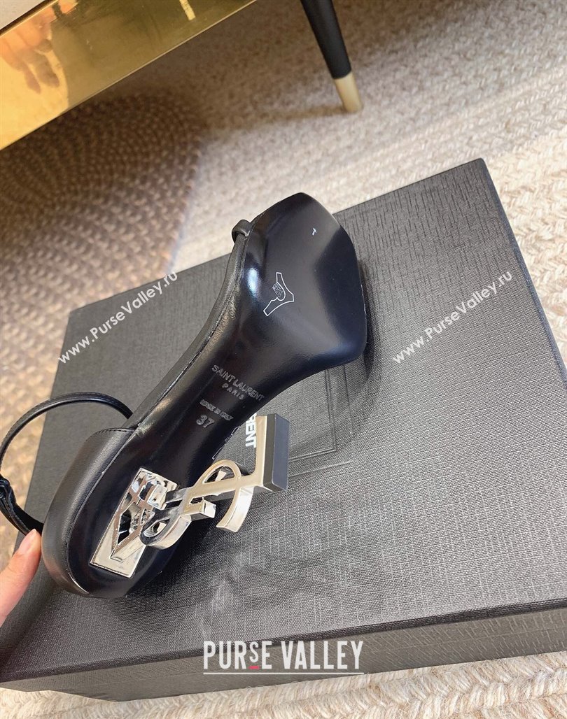 Saint Laurent Opyum Calfskin Leather Sandals 10.5cm with YSL Heel Black/Silver 2024 (MD-240328036)