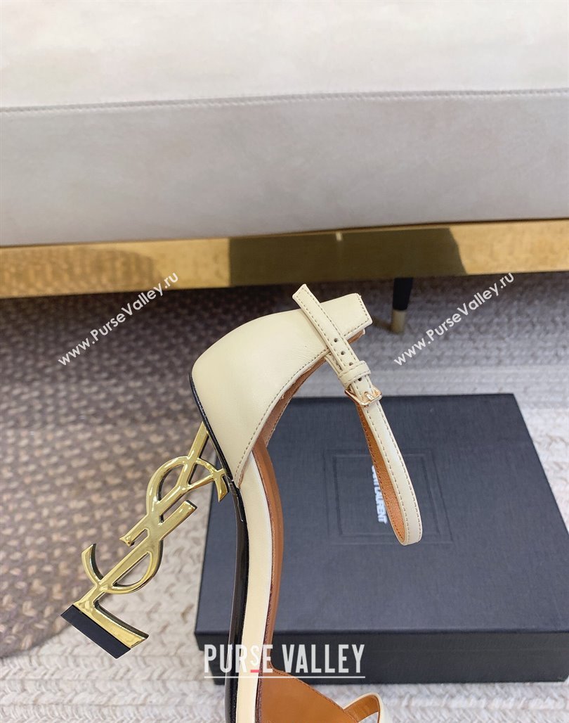 Saint Laurent Opyum Calfskin Leather Sandals 10.5cm with YSL Heel White/Gold 2024 (MD-240328026)