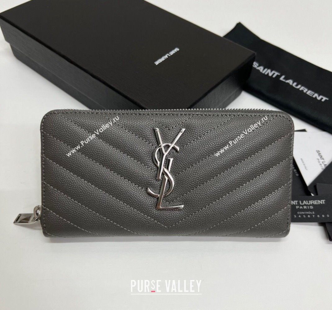 Saint Laurent Monogram Zip Around Wallet in Grained Leather 358094 Grey 2024 (nana-240417055)