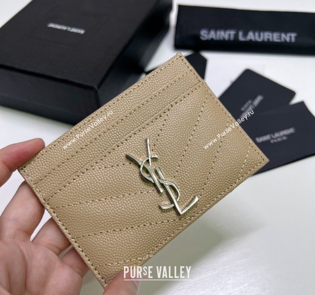 Saint Laurent Grained Leather Card Holder 423291 Beige/Silver 2024 (nana-240417069)