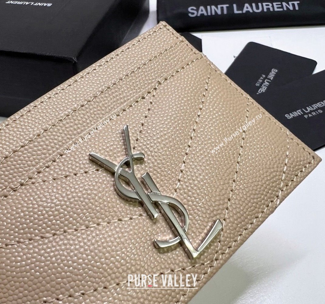 Saint Laurent Grained Leather Card Holder 423291 Beige/Silver 2024 (nana-240417069)