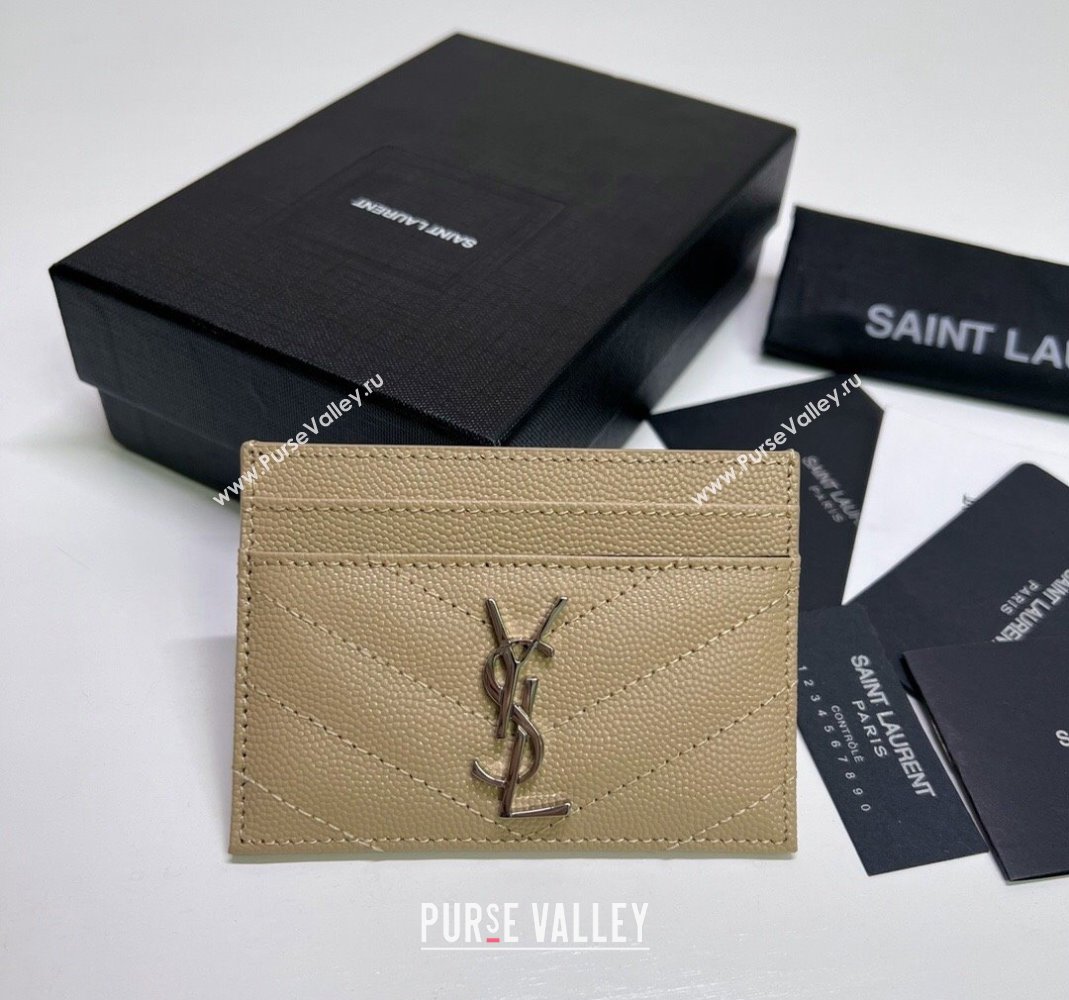 Saint Laurent Grained Leather Card Holder 423291 Beige/Silver 2024 (nana-240417069)