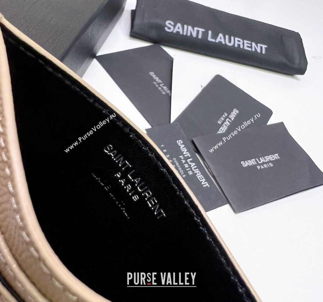 Saint Laurent Grained Leather Card Holder 423291 Beige/Silver 2024 (nana-240417069)