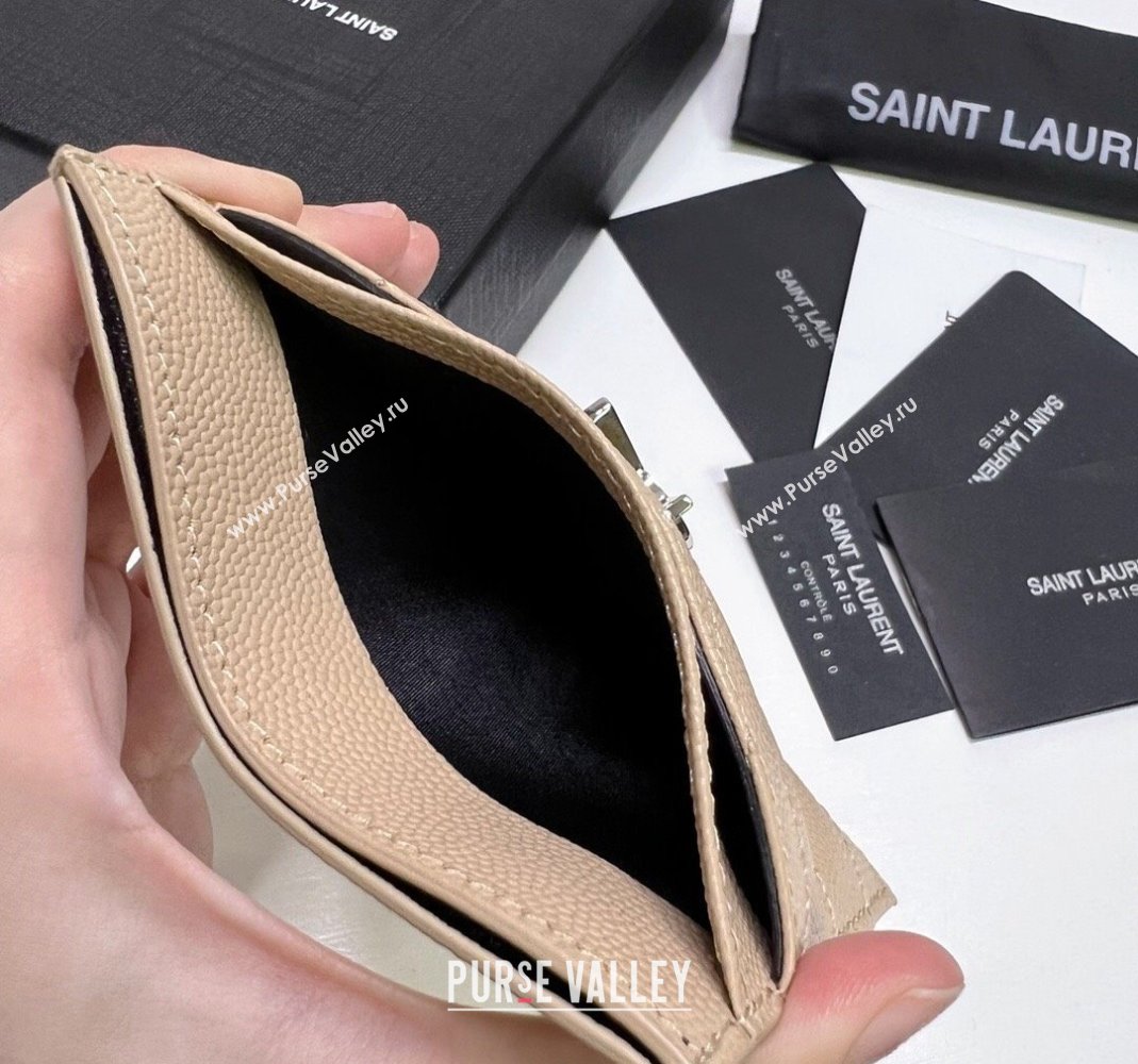 Saint Laurent Grained Leather Card Holder 423291 Beige/Silver 2024 (nana-240417069)