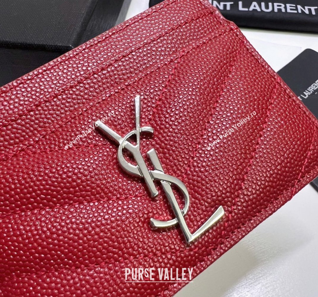 Saint Laurent Grained Leather Card Holder 423291 Red/Silver 2024 (nana-240417071)