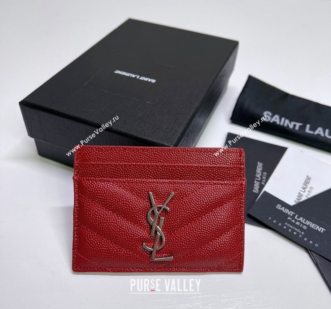 Saint Laurent Grained Leather Card Holder 423291 Red/Silver 2024 (nana-240417071)