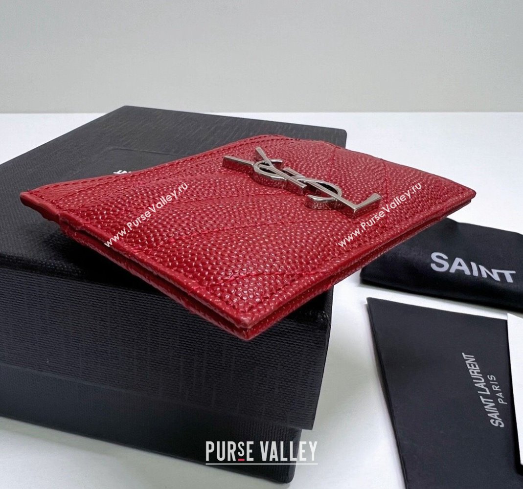 Saint Laurent Grained Leather Card Holder 423291 Red/Silver 2024 (nana-240417071)