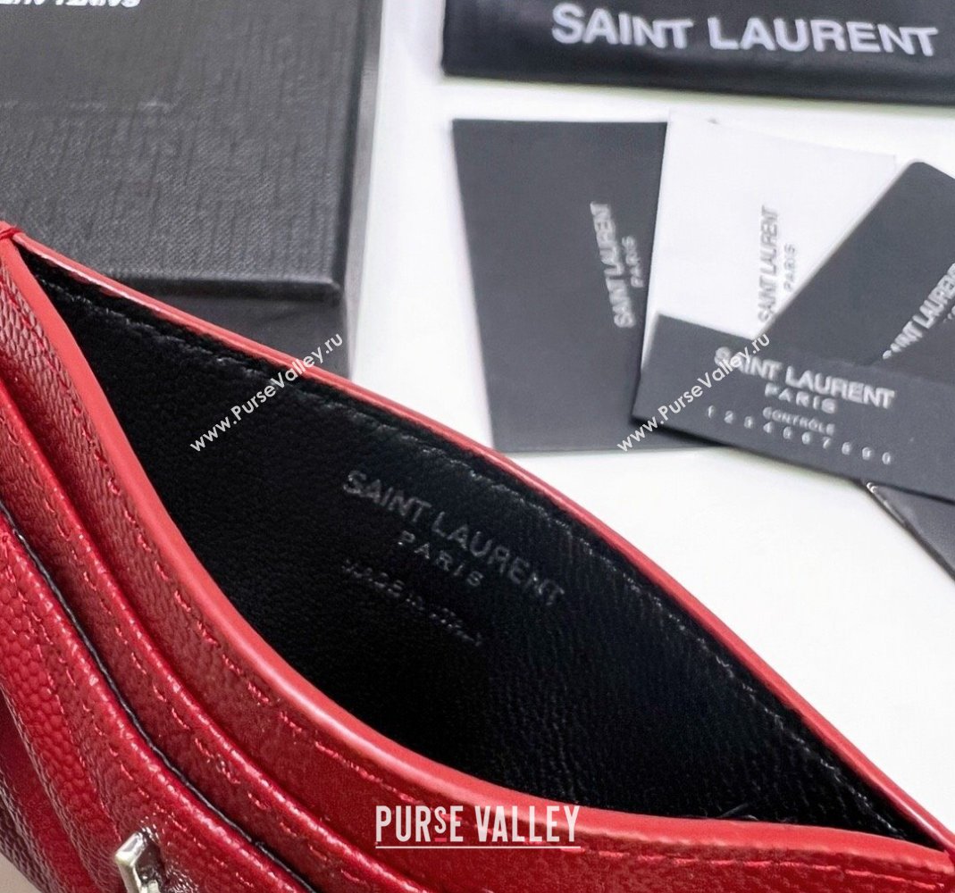 Saint Laurent Grained Leather Card Holder 423291 Red/Silver 2024 (nana-240417071)