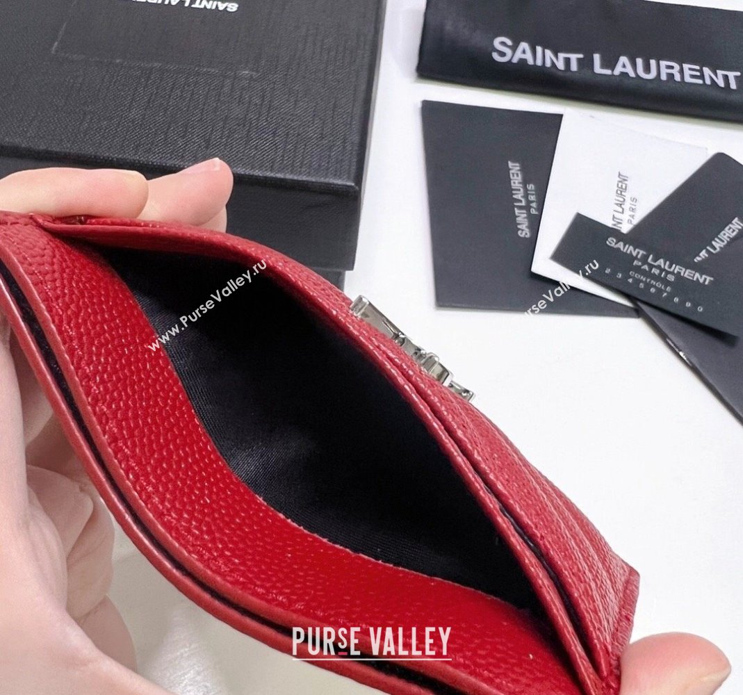 Saint Laurent Grained Leather Card Holder 423291 Red/Silver 2024 (nana-240417071)