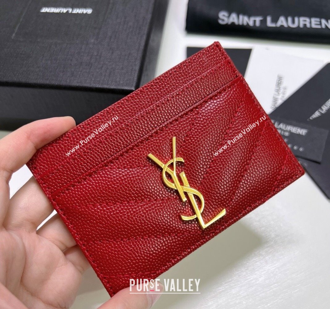 Saint Laurent Grained Leather Card Holder 423291 Red/Gold 2024 (nana-240417072)