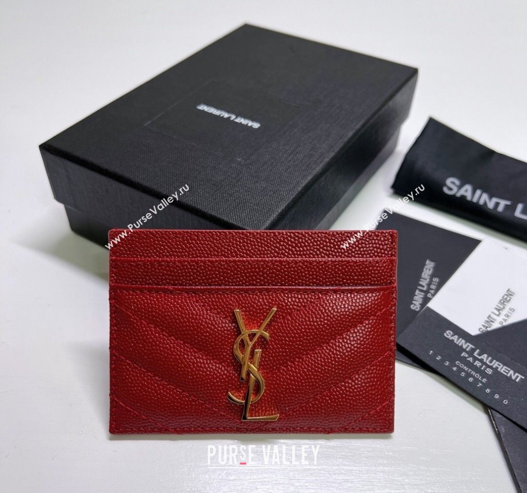 Saint Laurent Grained Leather Card Holder 423291 Red/Gold 2024 (nana-240417072)