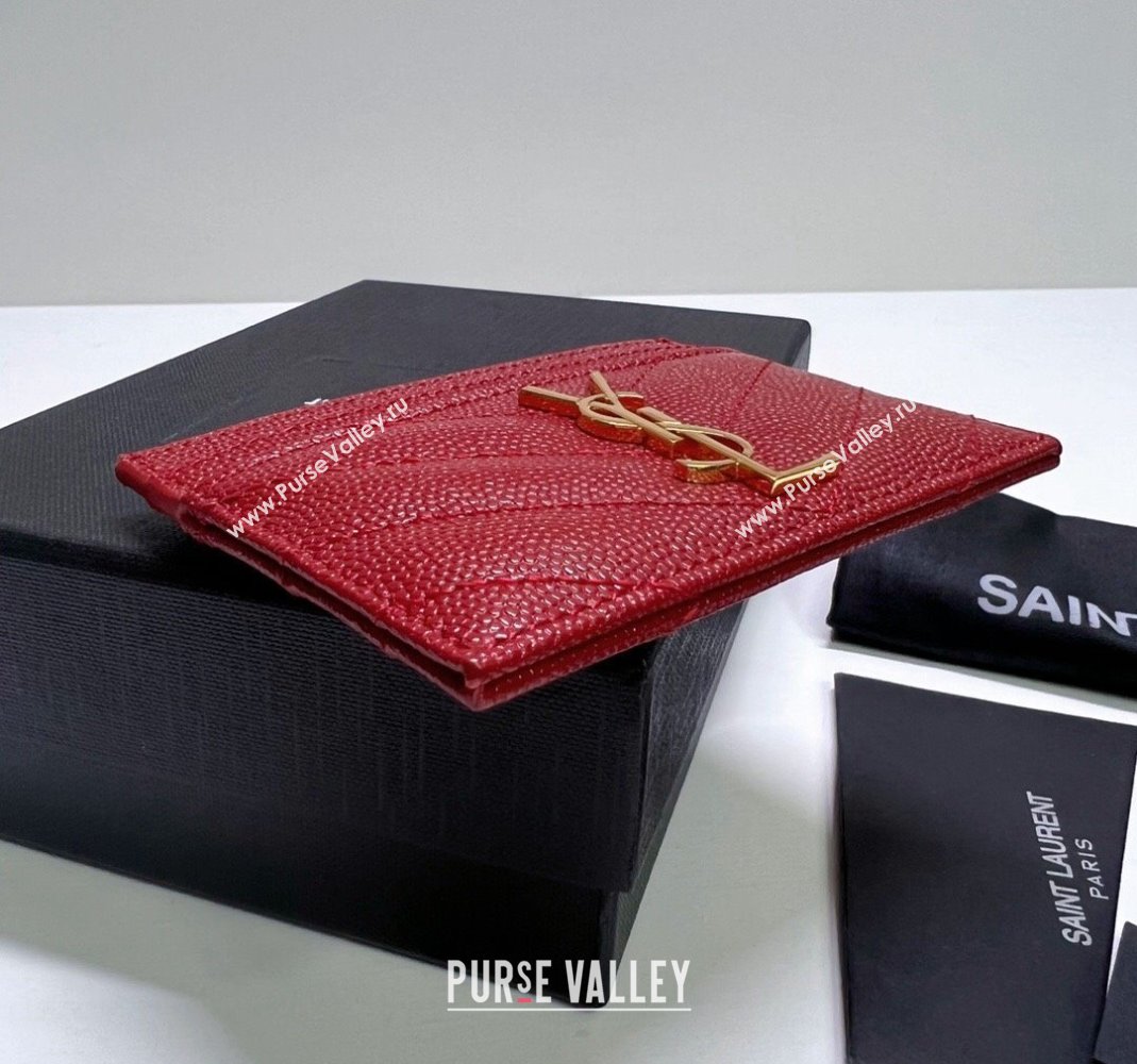 Saint Laurent Grained Leather Card Holder 423291 Red/Gold 2024 (nana-240417072)