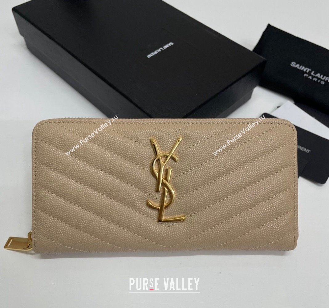 Saint Laurent Monogram Zip Around Wallet in Grained Leather 358094 Beige 2024 (nana-240417056)