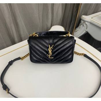 Saint Laurent College Mini Chain Bag in Shiny Crackled Leather 779430 Black 2024 (nana-240417077)