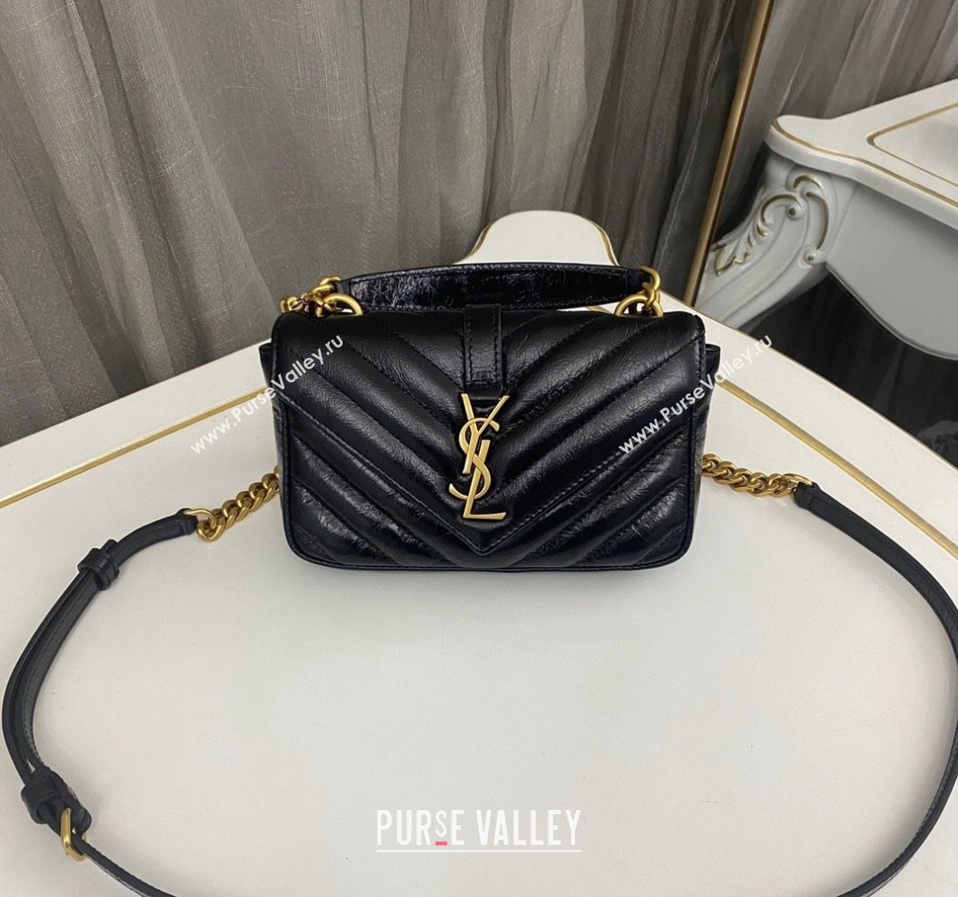 Saint Laurent College Mini Chain Bag in Shiny Crackled Leather 779430 Black 2024 (nana-240417077)
