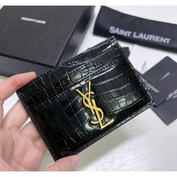 Saint Laurent Crocodile Embossed Leather Card Holder 423291 Black/Gold 2024 (nana-240417057)