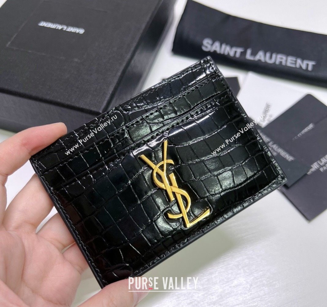 Saint Laurent Crocodile Embossed Leather Card Holder 423291 Black/Gold 2024 (nana-240417057)