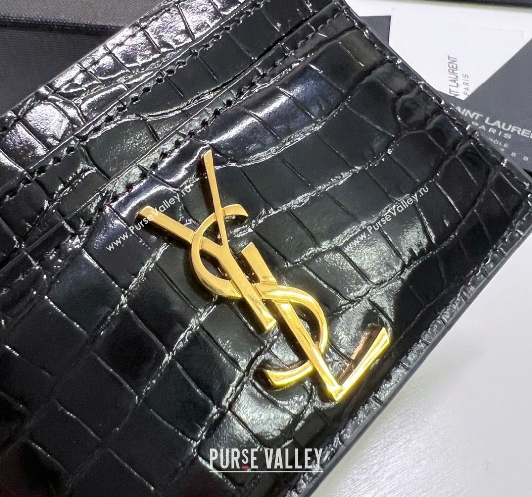 Saint Laurent Crocodile Embossed Leather Card Holder 423291 Black/Gold 2024 (nana-240417057)