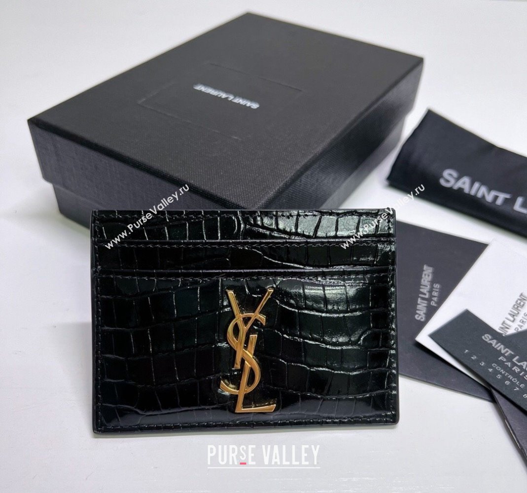 Saint Laurent Crocodile Embossed Leather Card Holder 423291 Black/Gold 2024 (nana-240417057)