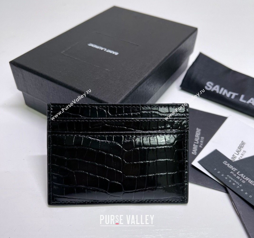 Saint Laurent Crocodile Embossed Leather Card Holder 423291 Black/Gold 2024 (nana-240417057)