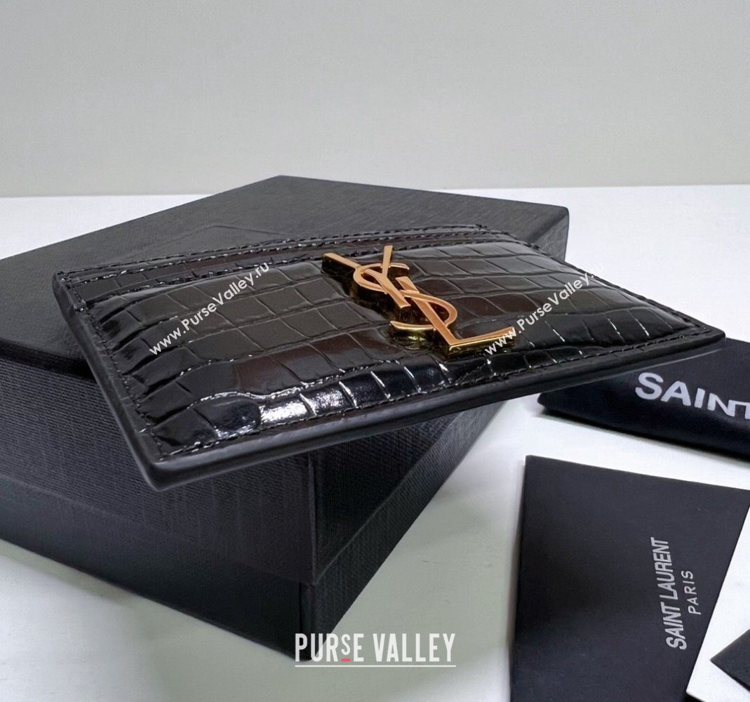 Saint Laurent Crocodile Embossed Leather Card Holder 423291 Black/Gold 2024 (nana-240417057)