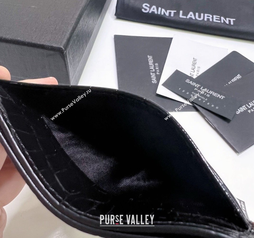 Saint Laurent Crocodile Embossed Leather Card Holder 423291 Black/Gold 2024 (nana-240417057)