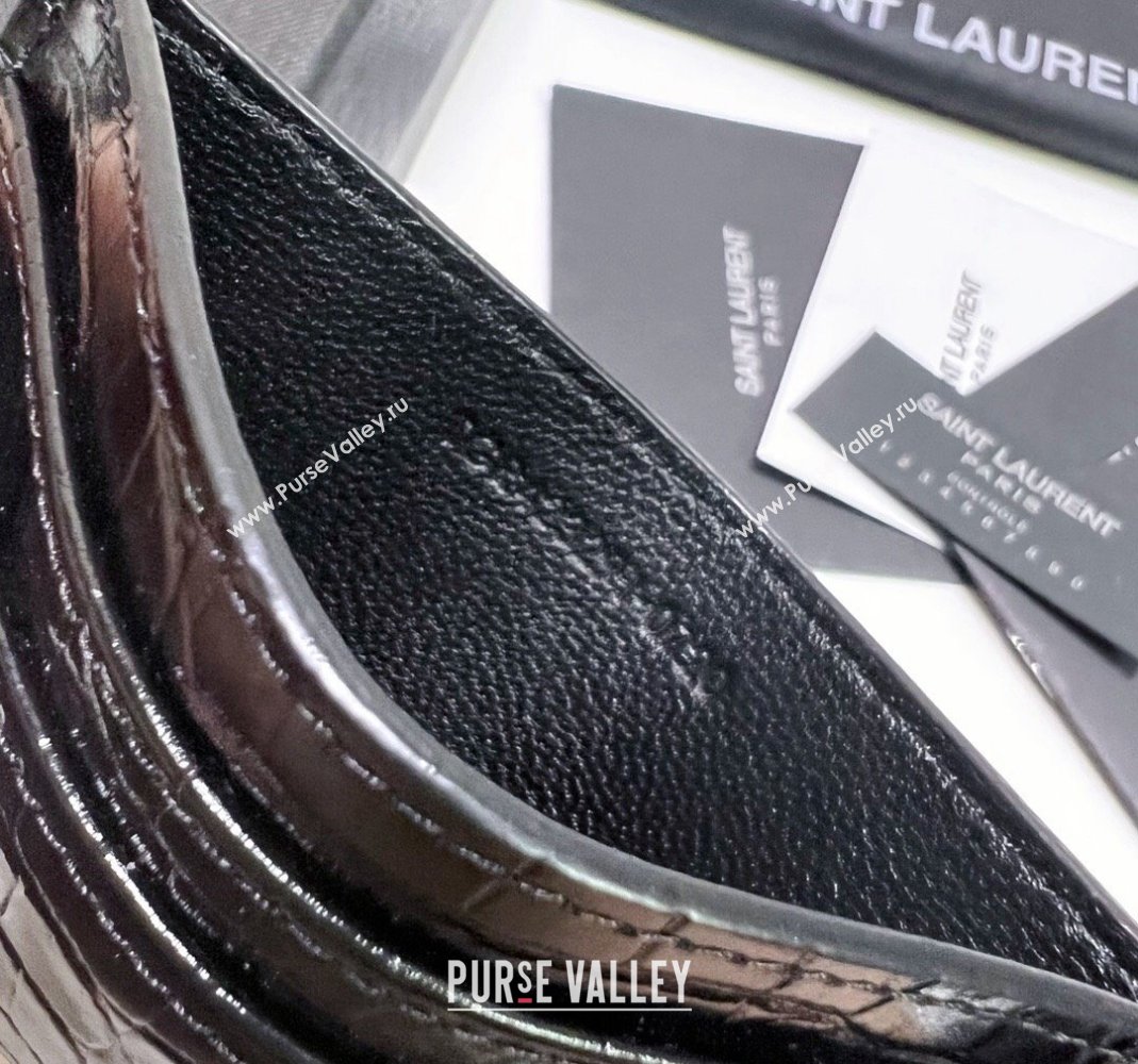 Saint Laurent Crocodile Embossed Leather Card Holder 423291 Black/Gold 2024 (nana-240417057)