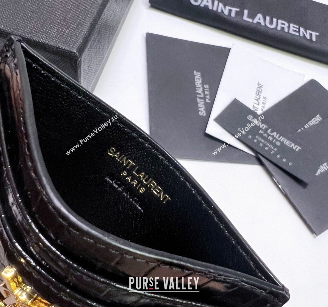 Saint Laurent Crocodile Embossed Leather Card Holder 423291 Black/Gold 2024 (nana-240417057)