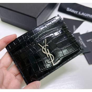Saint Laurent Crocodile Embossed Leather Card Holder 423291 Black/Silver 2024 (nana-240417058)