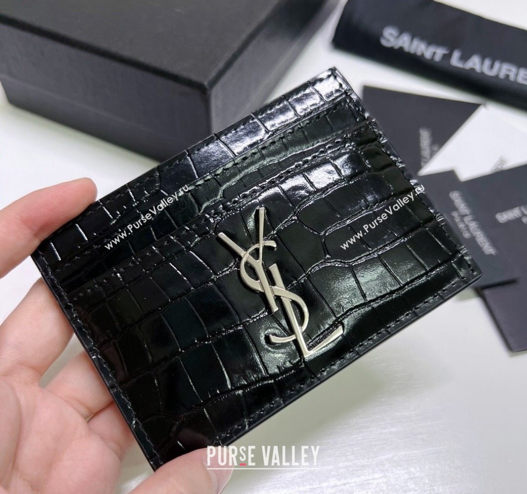 Saint Laurent Crocodile Embossed Leather Card Holder 423291 Black/Silver 2024 (nana-240417058)