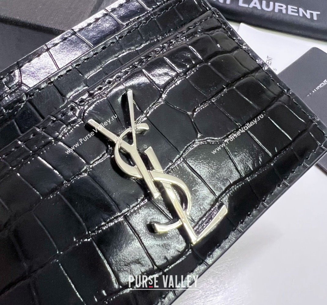 Saint Laurent Crocodile Embossed Leather Card Holder 423291 Black/Silver 2024 (nana-240417058)