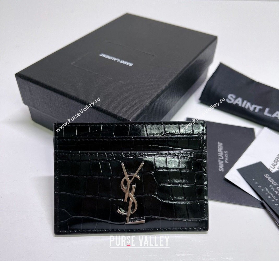 Saint Laurent Crocodile Embossed Leather Card Holder 423291 Black/Silver 2024 (nana-240417058)