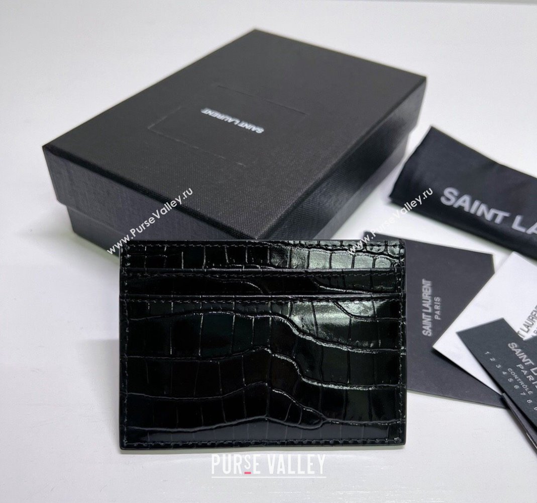Saint Laurent Crocodile Embossed Leather Card Holder 423291 Black/Silver 2024 (nana-240417058)