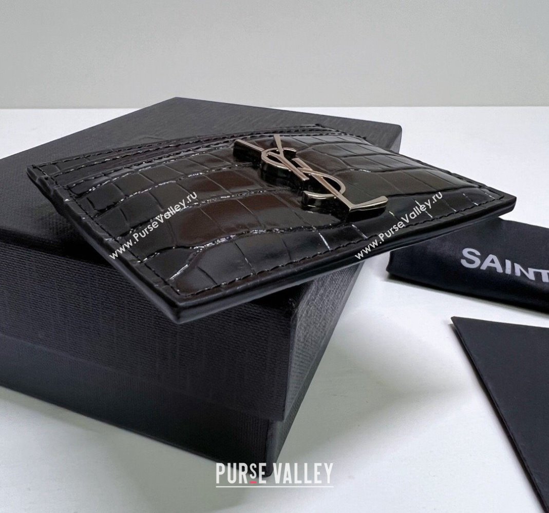 Saint Laurent Crocodile Embossed Leather Card Holder 423291 Black/Silver 2024 (nana-240417058)