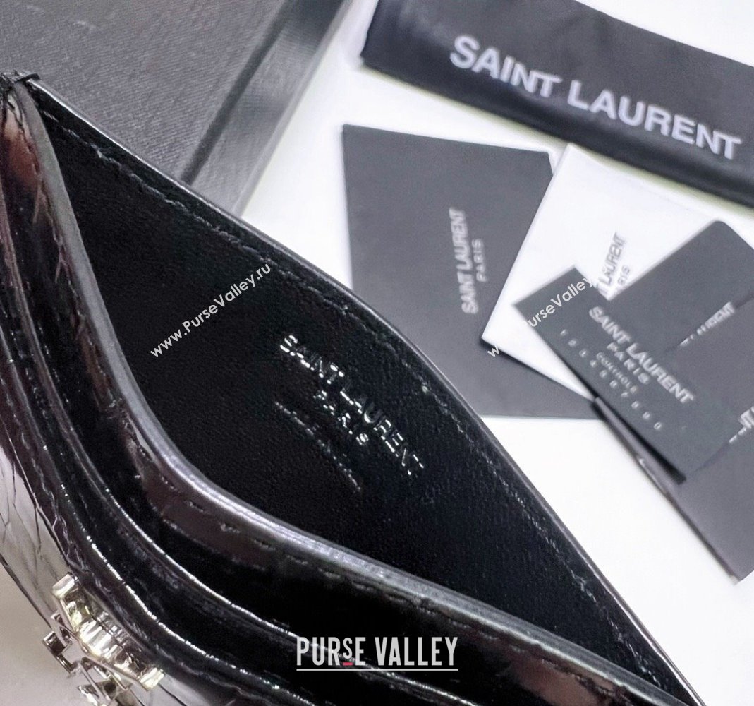 Saint Laurent Crocodile Embossed Leather Card Holder 423291 Black/Silver 2024 (nana-240417058)