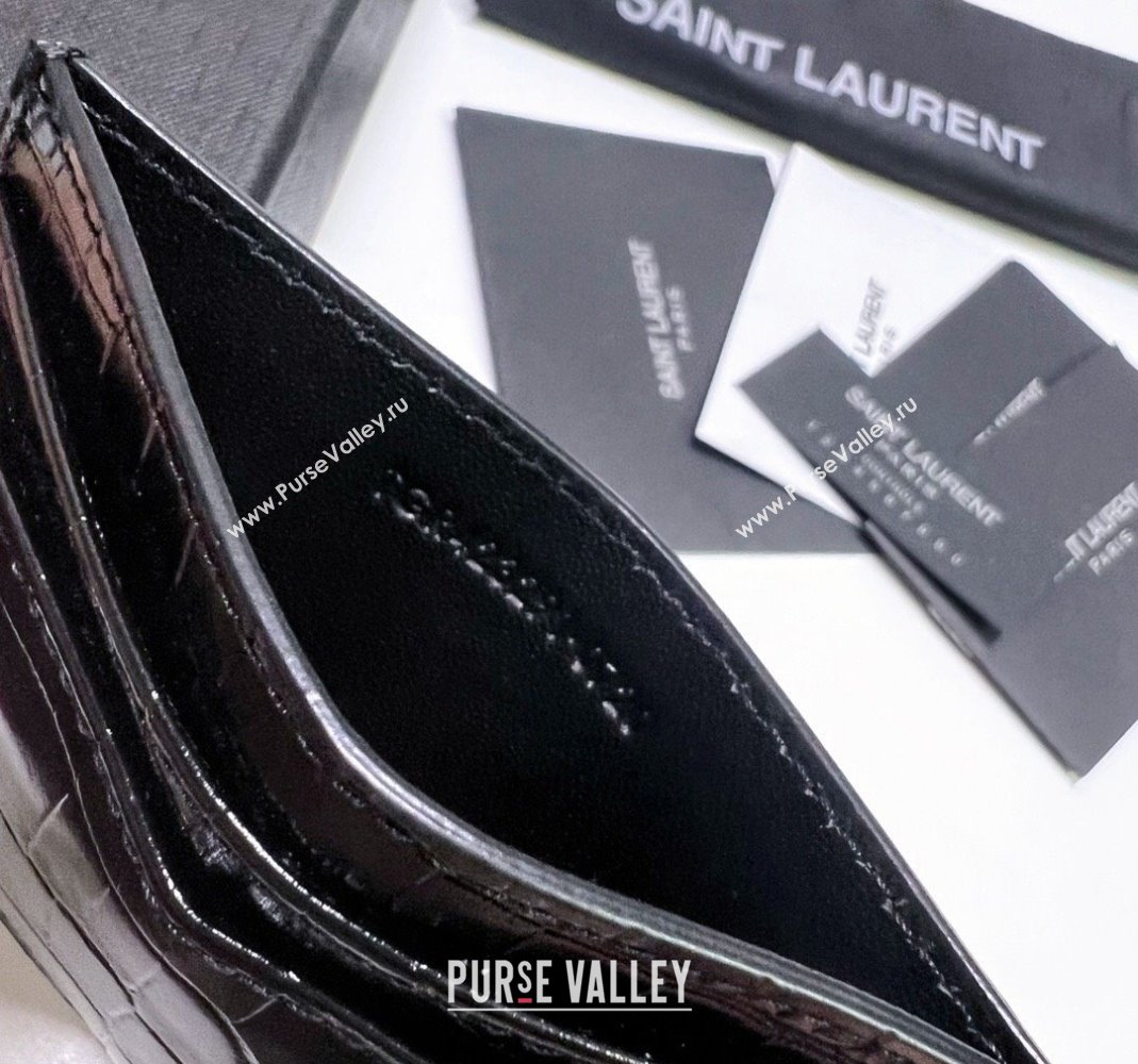 Saint Laurent Crocodile Embossed Leather Card Holder 423291 Black/Silver 2024 (nana-240417058)