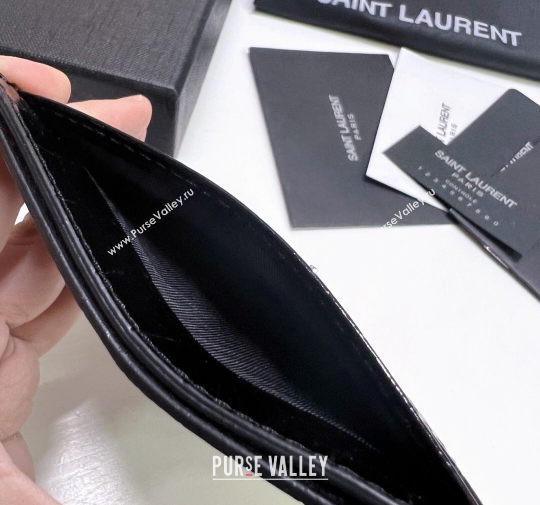 Saint Laurent Crocodile Embossed Leather Card Holder 423291 Black/Silver 2024 (nana-240417058)